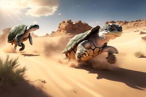 rápido Tortuga corriendo a lleno velocidad en el desierto. ai generado foto