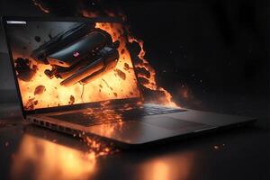 Illustration of a burning laptop on black background. AI Generated photo