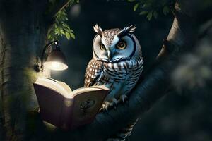 Owl reading book. Learning and knowledge concept. AI Generated photo