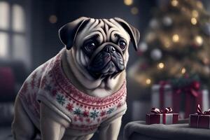 Pug in Christmas pullover. AI Generated photo