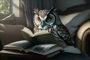 Owl reading book. Learning and knowledge concept. AI Generated photo