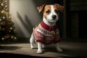 Jack Russell Terrier in Christmas pullover. AI Generated photo