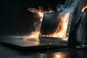 Illustration of a burning laptop on black background. AI Generated photo