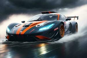 Sports car speeding through a storm. AI Generated photo