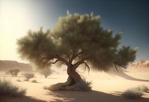 soltero verde árbol en el desierto. ai generado foto