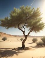 Single Green tree in the desert. AI Generated photo