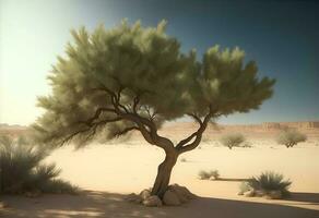 Single Green tree in the desert. AI Generated photo