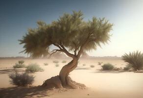 Single Green tree in the desert. AI Generated photo