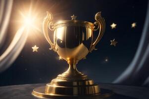 Winner Gold trophy with stars flying. AI Generated photo