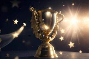 Winner Gold trophy with stars flying. AI Generated photo