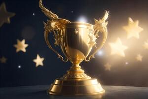 Winner Gold trophy with stars flying. AI Generated photo