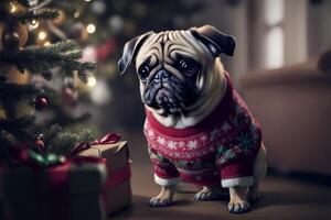 Pug in Christmas pullover. AI Generated photo