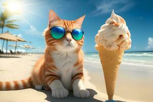 A ginger cat wearing sunglasses on a tropical beach with ice cream. AI Generated photo