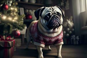 Pug in Christmas pullover. AI Generated photo