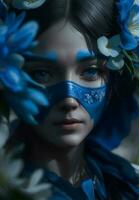 un mujer con un azul máscara y flores en su rostro. ai generado foto