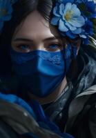 un mujer con un azul máscara y flores en su rostro. ai generado foto