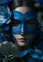 A woman with a blue mask and flowers on her face. AI Generated photo