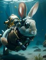 A rabbit in a diving suit. AI Generated photo