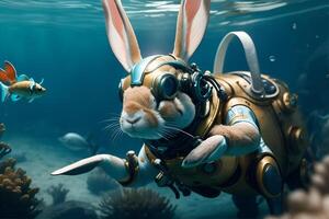 A rabbit in a diving suit. AI Generated photo