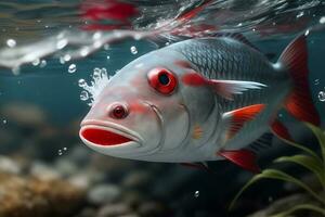 un pescado con un rojo ojo y un rojo ojo es en el agua. ai generado foto
