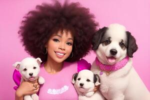 cerca arriba Disparo de satisfecho mujer con afro pelo sostener perros. ai generado foto