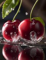 Photo closeup two fresh juicy cherries with water drop. AI Generated