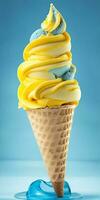 Photo melting ice cream cone with sweet yellow and blue caramel. AI Generated