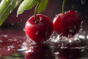 foto de cerca dos Fresco jugoso cerezas con agua gota. ai generado