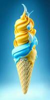 Photo melting ice cream cone with sweet yellow and blue caramel. AI Generated