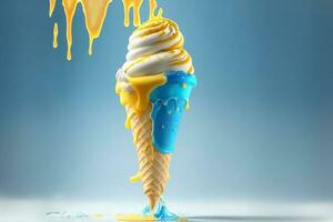 Photo melting ice cream cone with sweet yellow and blue caramel. AI Generated