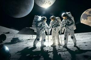 astronautas en un nuevo planeta. ai generado foto