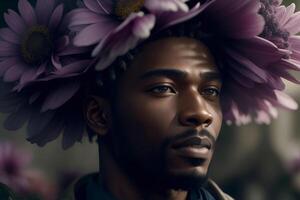 A black man with flowers on his head. AI Generated photo