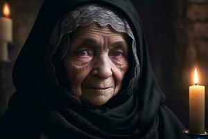 un retrato de un muy antiguo mujer en un negro burka ai generado foto