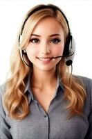 Beautiful woman 25year old, call center operator looking in camera. AI Generated photo