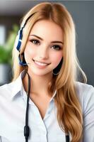 Beautiful woman 25year old, call center operator looking in camera. AI Generated photo