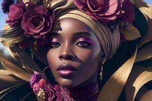 Black woman in African turban, fashion on flower background. AI Generated photo