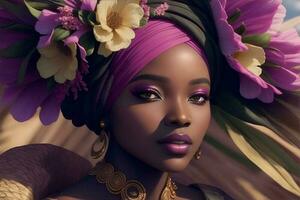 Black woman in African turban, fashion on flower background. AI Generated photo