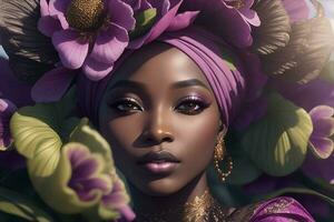 Black woman in African turban, fashion on flower background. AI Generated photo