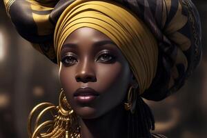 Black woman in African turban on studio background. AI Generated photo