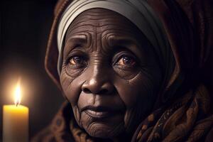 retrato de un muy antiguo africano mujer. ai generado foto