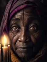 retrato de un muy antiguo africano mujer. ai generado foto
