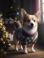 Corgi in Christmas pullover. AI Generated photo