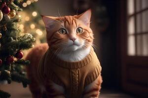 Ginger cat in Christmas pullover. AI Generated photo