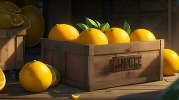 Juicy citrus fruits in a rustic crate. AI Generated photo
