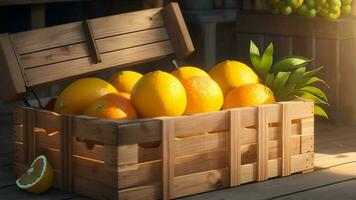 jugoso agrios frutas en un rústico caja. ai generado foto