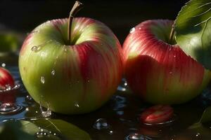 Photo closeup juicy apples with water drops. AI Generated