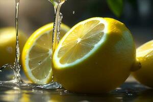 Photo closeup lemon with water drops. AI Generated