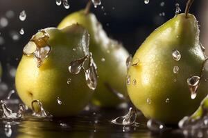 Photo closeup pears with water drops. AI Generated