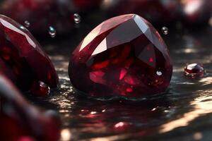 Photo closeup red Garnet with water drops. AI Generated