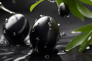 Photo closeup black olives with water drops. AI Generated